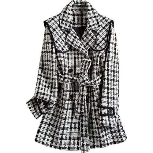 New Autumn Winter Women Wool Blend Coat Turn Down Collar Double Breasted Female Warm Plaid Coats Woolen Jacket Outerwear