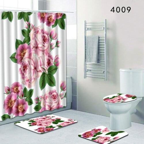 New 4pcs Bathroom Shower Curtain Flower Print Durable Waterproof Bath Curtain Set Toilet Cover Mat Non-Slip Bathroom Rug Set
