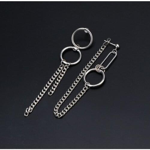 Asymmetric Tassel Chain Safety Pin Dangle Drop Earring Kpop Korean Jewelry