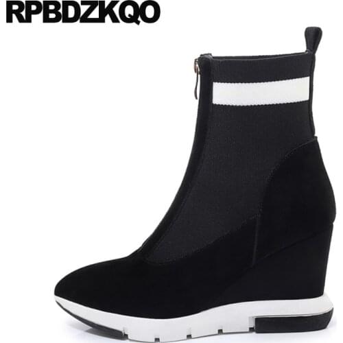 Vintage Front Zipper Hidden Pointed Toe Black High Heel Boots Suede Genuine Leather Fall Luxury Brand Shoes Women Knit Booties