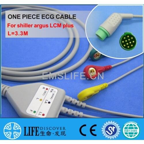 One piece ECG cable with 3 snap lead wires For schiller argus LCM plus patient monitor