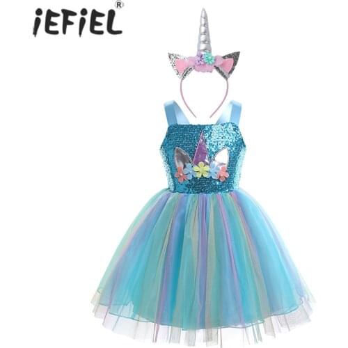 Kids Girls Rainbow Sequin Costumes Princess Dress Halloween Carnival Cosplay Party Dress Up Flower Girls Dresses for Weddings