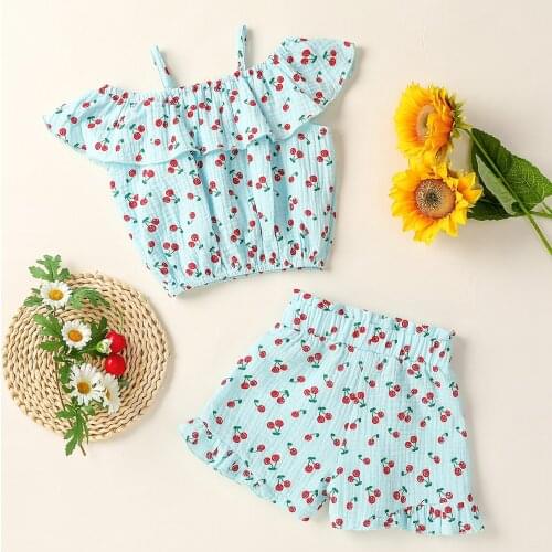 2 Pieces Kids Suit Set Summer Cherry Print Off Shoulder Sleeveless Ruffled Tops+ Shorts for Girls White/Blue/Pink 1-5 Years