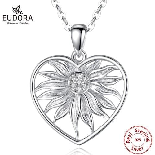EUDORA New Real 925 sterling silver heart necklace Pendant with sunflower flower style Jewelry with box for dropshipping D586