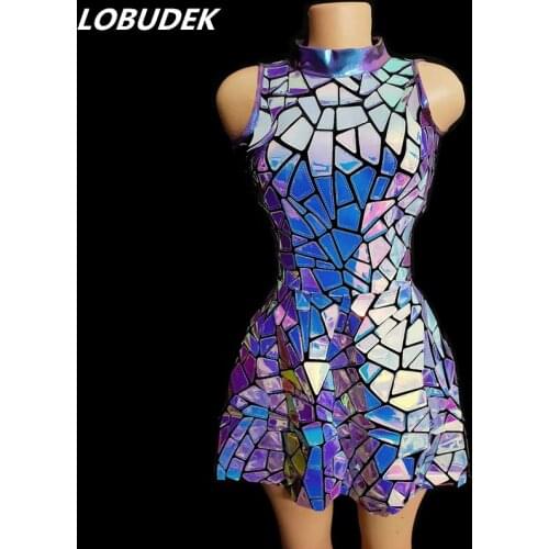 Purple Blue Sequins Reflective Laser Sleeveless Short Dress Women Birthday Party Celebrate Outfit Bar Stage Singer Dance Costume