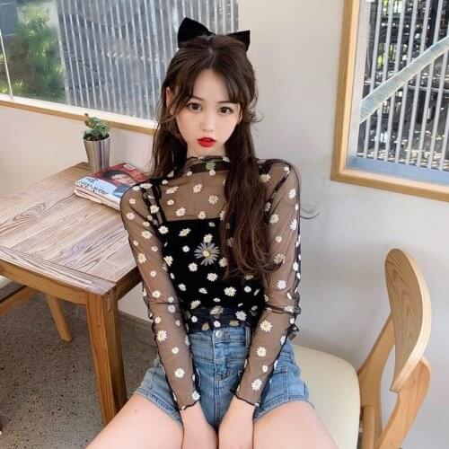 Daisy long sleeve T-shirt women thin sunscreen shirt mesh Transparent Blouses Tops Clothing Unlined Upper Garment Jacket