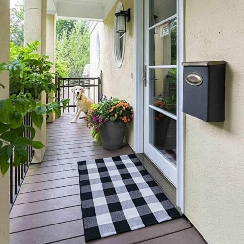 Cotton Buffalo Plaid Check Rug 27.5 X 43 Inches Washable Woven Outdoor Rugs for Layered Door Mats Porch/Kitchen/Farmhouse Black