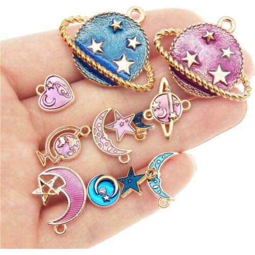 JulieWang 12pcs Cute Alloy Enamel Moon Star Planet Charm For Bracelet Pendant Earring Jewelry DIY Findings Craft Decoration
