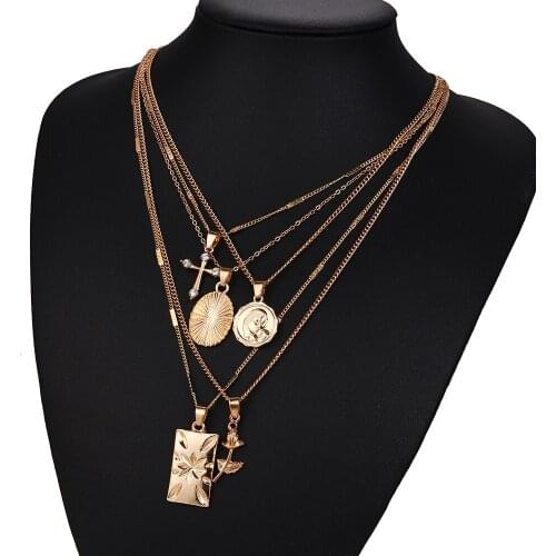 Gold Cross Coin Multi Layer Collar Statement Chain Neckalce For Women Choker Pendant Fashion Jewelry Accessories Gift Wholesale