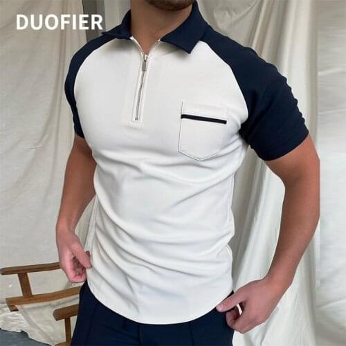 2021 Mens Polo Shirts Summer Fashion Patchwork Casual Turn-down Collar Zipper Design Short Sleeve Tops Male T-shirt Streetwear