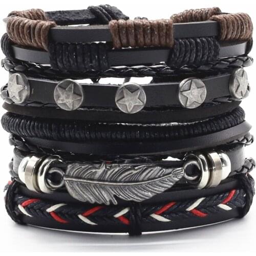 Feather Skull Wing Handmade Guitar Weed Black Charm Brown Bronze Leather Men Bracelets Women Fashion Bangle male Jewelry