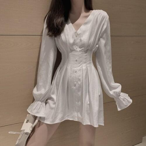 Women Sweet White Dress Fashion High Waist V-Neck Ladies Elegant Mini Dress 2020 Vintage Pleated A-Line Lantern Sleeve Dresses