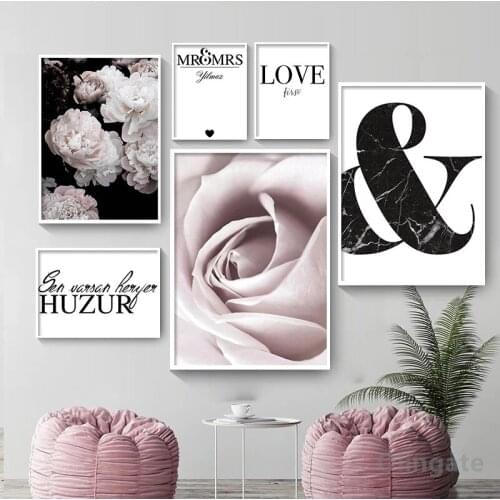 Floral Print Posters Couples Romantic Wall Art Prictures Love Quotes Canvas Painting Nordic Pink Pictures Room Decoration Gift