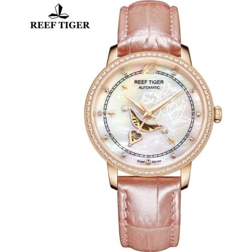 Reef Tiger/RT Top Brand Luxury Female Watch Automatic Leather Strap Women Fashion Watches Relogio Feminino RGA1550