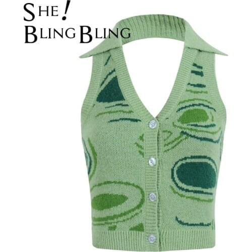 SheBlingBling Striped Crop Tank Tops Halter Knit Vest Women Sexy Backless Chic 2021 Summer Slim Outfit Single-Breast Female Cami
