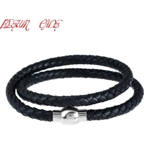 Stylish Mens Braided Geunine Leather Bracelets Stainless Steel Magnetic Buckle Wrap Bangles Male Jewelry