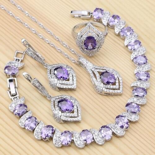Bridal Jewelry 925 Silver Jewelry Set For Women Purple Cubic Zirconia Crystal Ring Bracelet Necklace Pendant Drop Earrings