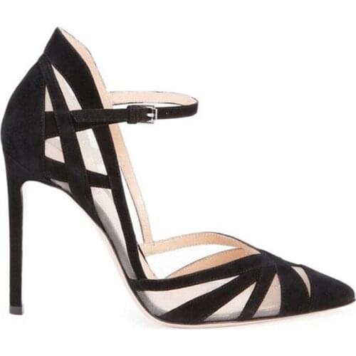 Summer Mesh Patchwork Crossed Strappy Pumps Pointed toe One Strap Thin Heels Woman Low Cut High Heels Party Dress Shoes