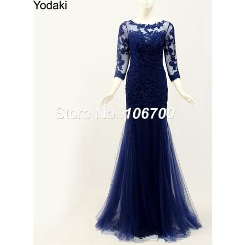 Amazing Lace Appliques Long Sleeves Mermaid Prom Dresses New O Neck Sheer Illusion Rhinestones Navy Color Pageant Evening Gowns