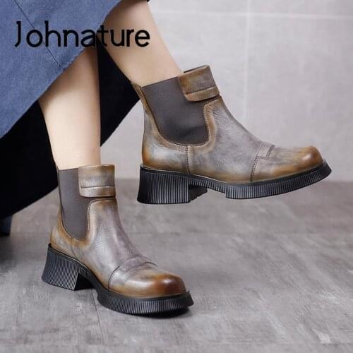 Johnature Genuine Leather Retro Shoes Women Boots Elastic Band Round Toe 2021 New Winter Leisure Handmade Concise Platform Boots