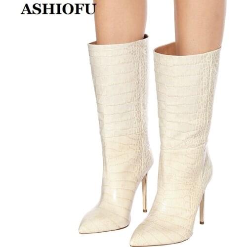 ASHIOFU New Handmade Ladies High Heel Boots Wedding Party Prom Mid-calf Boots Stiletto Evening Club Winter Fashion Boots Shoes