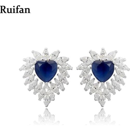 Ruifan High Quality Love Heart Dark Blue Cubic Zircon Silver 925 Stud Earrings for Women Lady Trendy 2021 Summer Jewelry YEA040