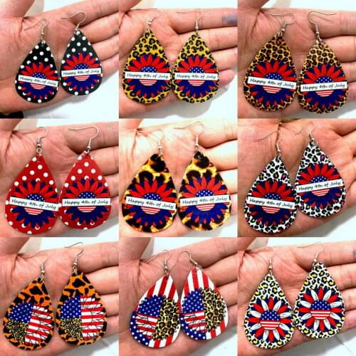 Happy 4th of July Independence Day Motif PU Leather Teardrop Earrings for Women Fashion Mixed Polka Dot Leopard Sunflower Print