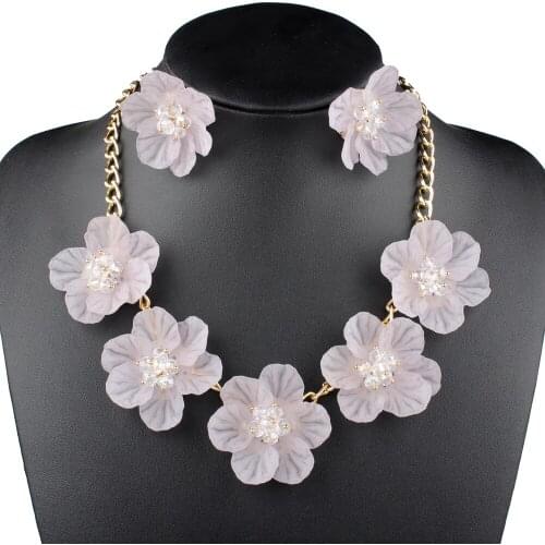 Claire Jin Handmade Five Flowers Necklace and Stud Earrings Summer Women Jewelry Set Fashion Choker Beach Necklaces Accessories