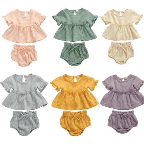 0-24M Newborn Infant Baby Girls Solid Cotton Linen Clothes Sets Ruffles Short Sleeve Tops Dress Shirt+ PP Shorts 2pcs
