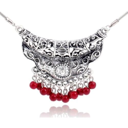 2018 Vintage Antique Silver Geometric Crescent Choker Necklace Ethnic Resin Beaded Pendant Statement Necklace For Women Jewelry