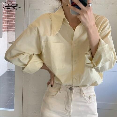 2021 Long Sleeve Vintage Women Blouse and Tops Casual Loose Solid Female Shirt Button Turn Down Collar Blouse Blusas Mujer 13144