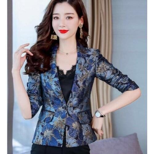 Fall Spring Womens Slim Long Sleeve Casual Blazer and Coat , Female Womsn Vintage Printed Gold Flower One Button Blazers Coats