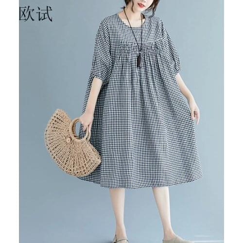 Plus Size Dresses for Women 4XL 5XL 6XL 7XL Plaid Vintage Summer Cotton Linen Woman Dress Casual Cotton Ladies Midi Dress 2019