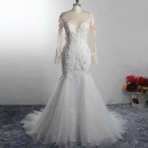 LZ320 Illusion Sweetheart Long Sleeve Mermaid Dress Small Flowers Appliques Backless Wedding Dress Pearls Sequined Bridal Gown