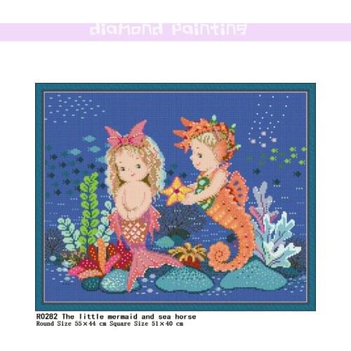 The Little Mermaid and Sea Horse Full Round/Square Diamond Painted Pattern Portrait Mosaic Embroidery with Rhinestone Home Decor