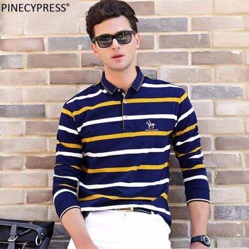 Man Long Sleeve Polo Shirt 95% Cotton 5% Spandex Spring Autumn Male 2021 Striped Yellow Red Blue Embroidery Men Polo-shirt