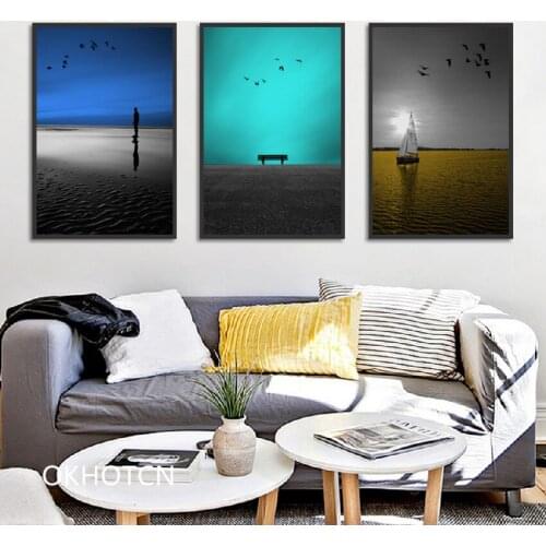 Sea Landscape Nordic Style Beach Boat Walking Man Flying Bird Wall Art Canvas Poster Painting Picture Scandinavian Home Decor