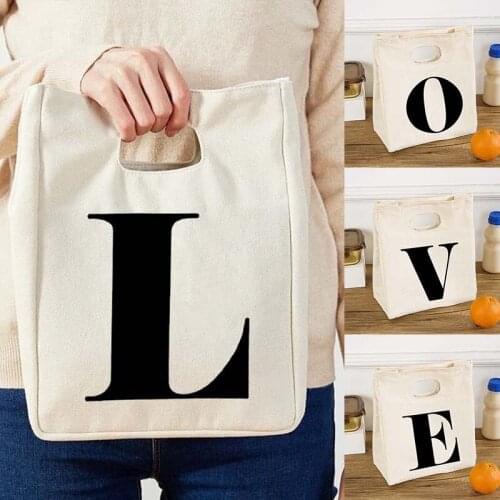 Letter Print Portable Lunch Bags Thermal Insulated Bento Box Tote Cooler Handbag Office Picnic School Food Container Storage Bag