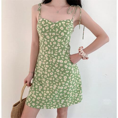 New Sexy Summer Daisy Flower Print green Suspender Mini Dress Retro Slash Neck A Line Strap Dress Small Girl Slim Holiday Dress