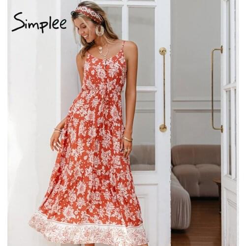 Simplee Boho holiday floral print women spaghetti dress summer V-neck sash high waist a-line dress Elegant straps dress new 2021