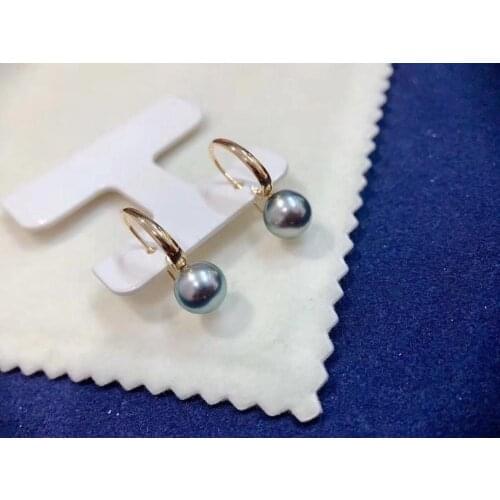 D513 Pearl Earrings Fine Jewelry Solid 18K Gold Round 9-10mm Nature Sea Water Peacock Green Tahiti Black Pearls Drop Earrings