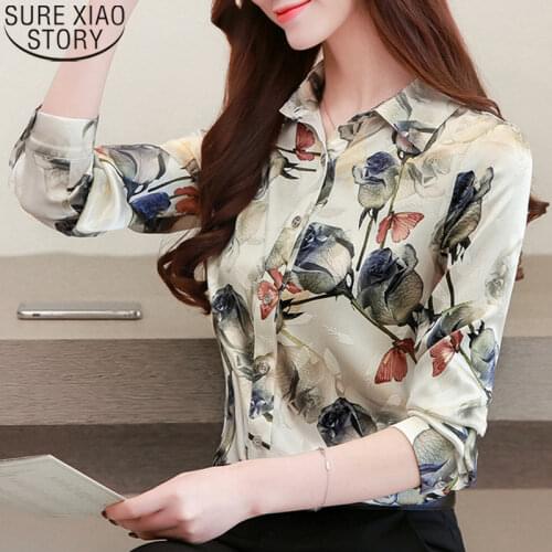 Silk Shirts Women Blouses Fashion 2021 Autumn Long Sleeve Shirt Women Tops Rose Floral Print Blouse Plus Size S-4XL Blusas 10725