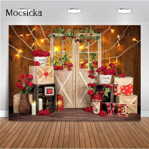 Valentines Day Roses Light Photo Backdrop Rose Wooden Door Garden Rose Flowers Newborn Kids Portrait Photo Shoot Background