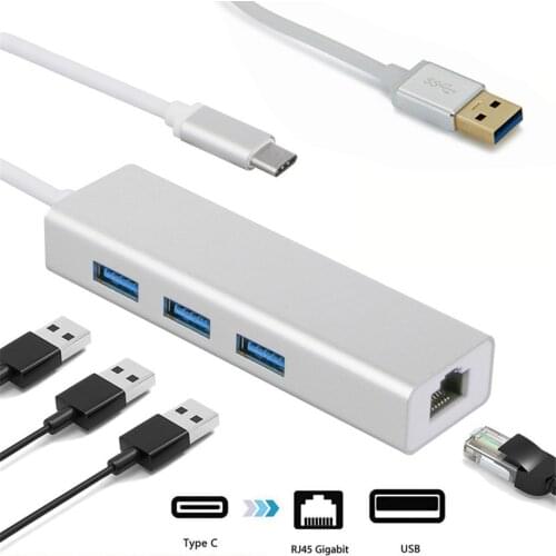 50Set Type-C USB 3.1 Type C to USB 3.0 HUB 3 Port with RJ45 1000Mbps Gigabit Ethernet Adapter For Macbook Smartphone