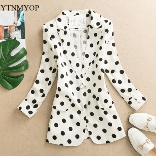 Spring Polka Dot Blazer Women Slim Fashion Office Lady Suit Jacket V-Neck One Button Summer Clothing High Street Wear YTNMYOP