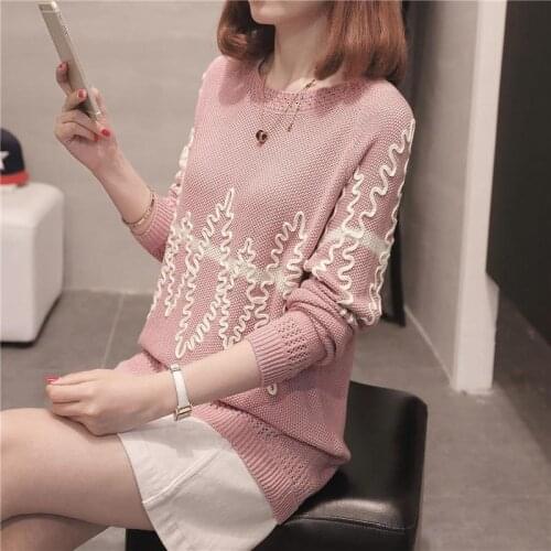 Long Sleeve Wave Line Knitted Pullovers Tops O-Neck Casual Spring Thin Knitting Pullover Sweaters Female Pink Pull Jumper Femme