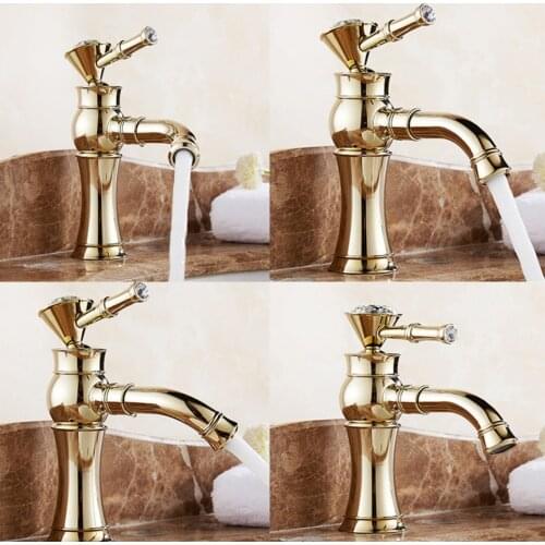 Gold Classical Bathroom Faucets Solid Brass Hot And Cold Water Faucet Polished Outfall Rotate Faucets Deck Mounted Faucet
