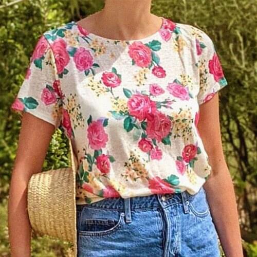 Floral Pattern T-shirt Women Short Sleeve Round Neckline Linen Cotton Hauts Loose Beige Retro Casual Female Tee shirts