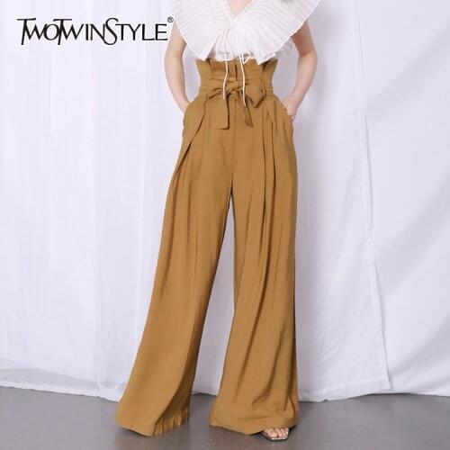 TWOTWINSTYLE Casual Loose Women Full Length Pants High Waist Tunic Patchwork Ruffle Pleated Wide Leg Pant Female Clothes Fashion