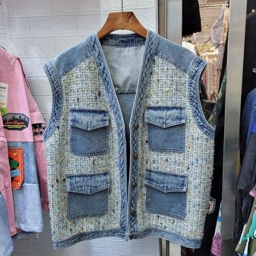Weave Tweed Patchwork Denim Vest Women Vintage Short Loose Sleeveless Tops 2021 Spring Korean V-neck Waistcoat Jeans Veste Femme